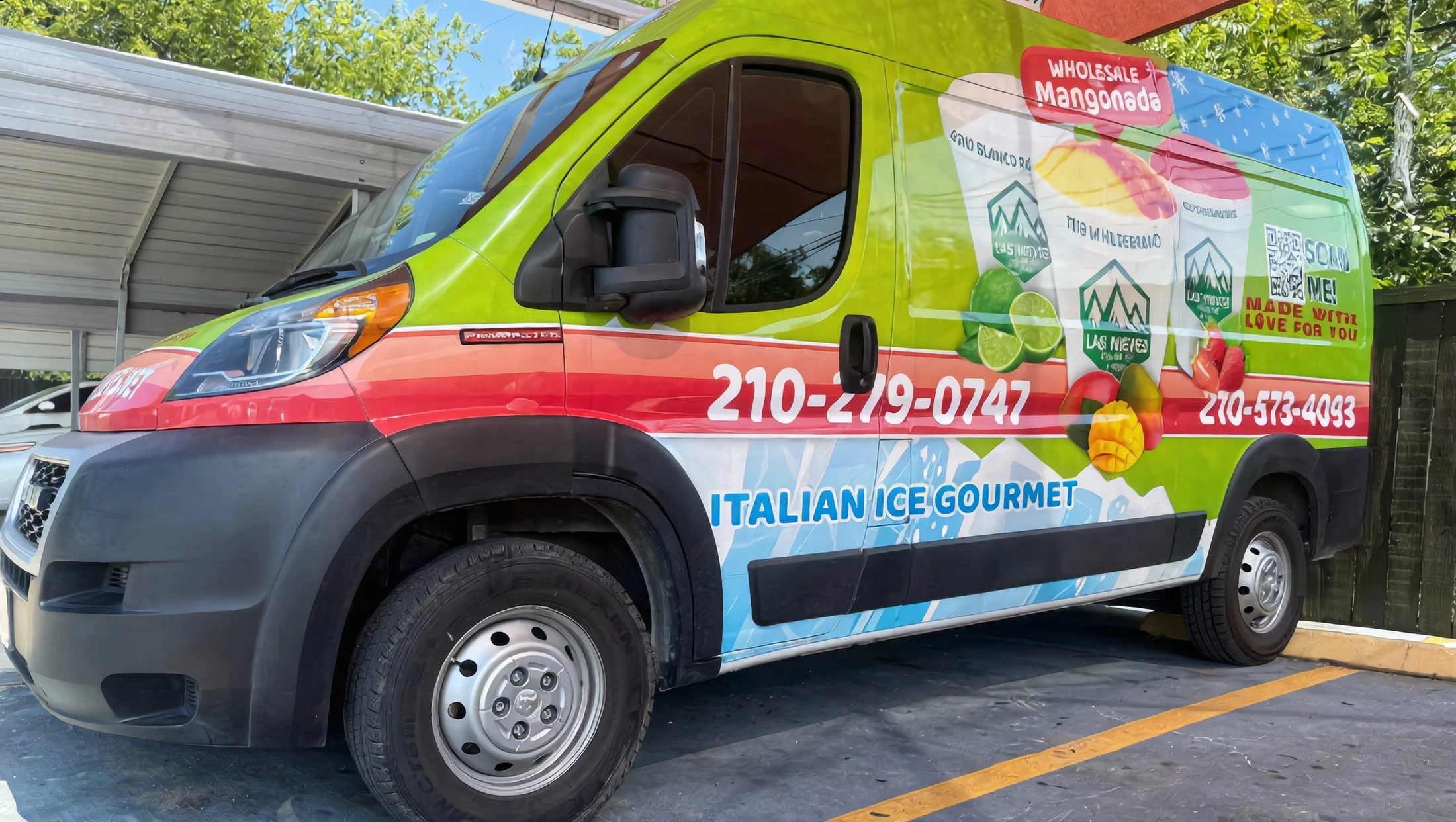 The wrapped Las Nieves catering van
