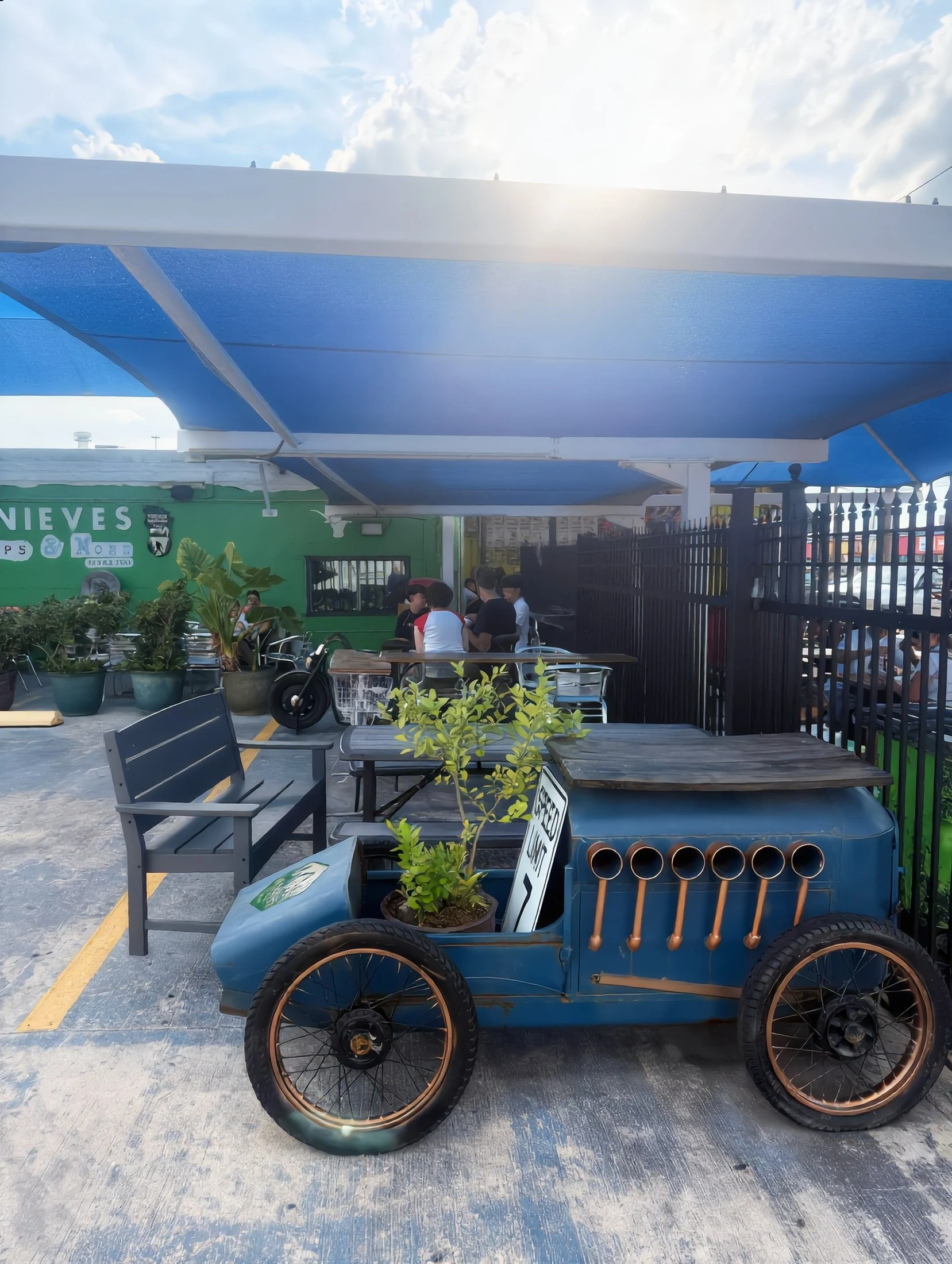 The Las Nieves vintage fruit cart on the patio