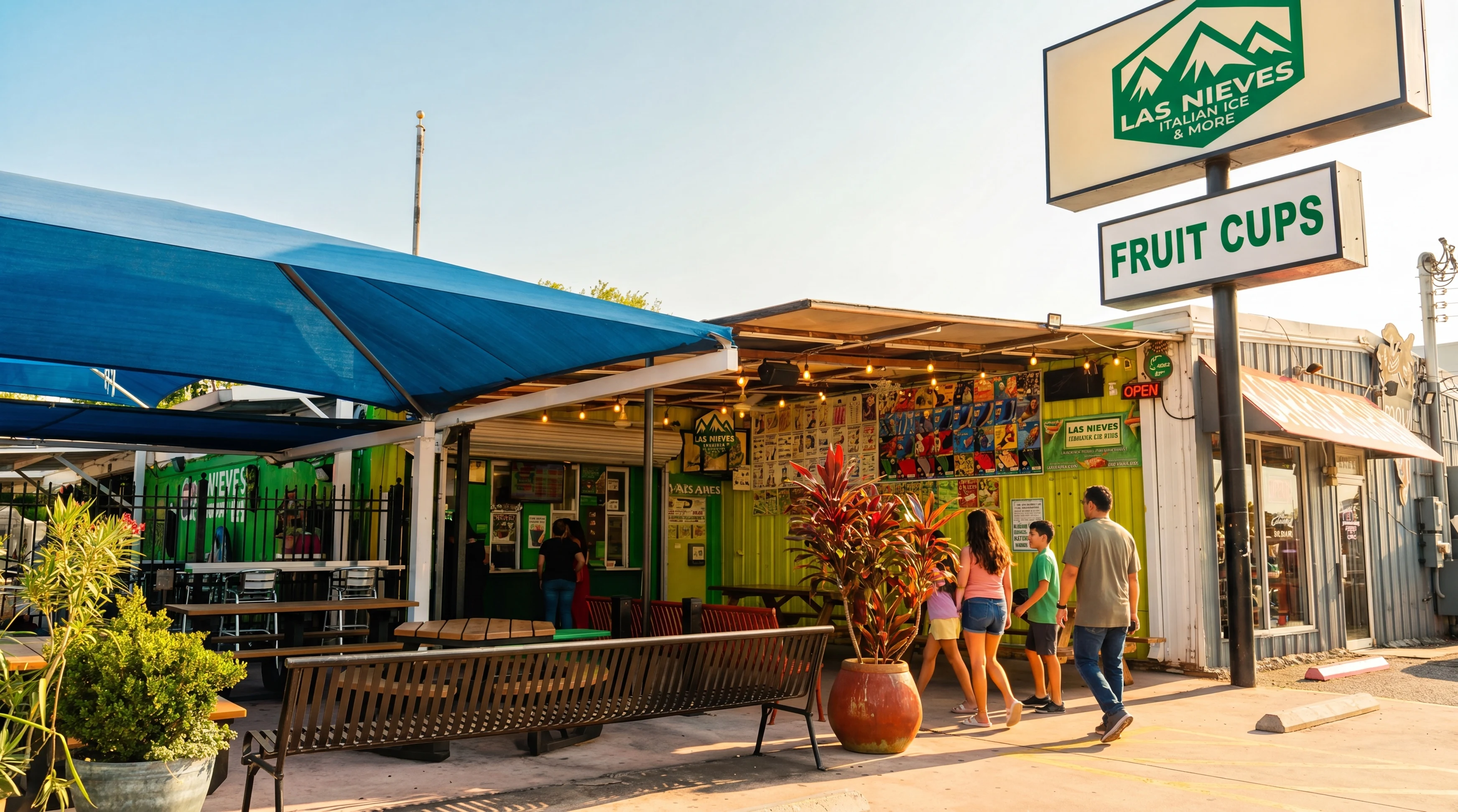 Las Nieves Fruit Cups & More storefront on a golden San Antonio evening